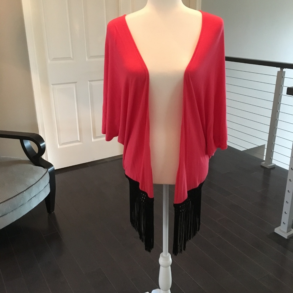 Joseph A Black Fringed Coral Open Cardigan Sweater